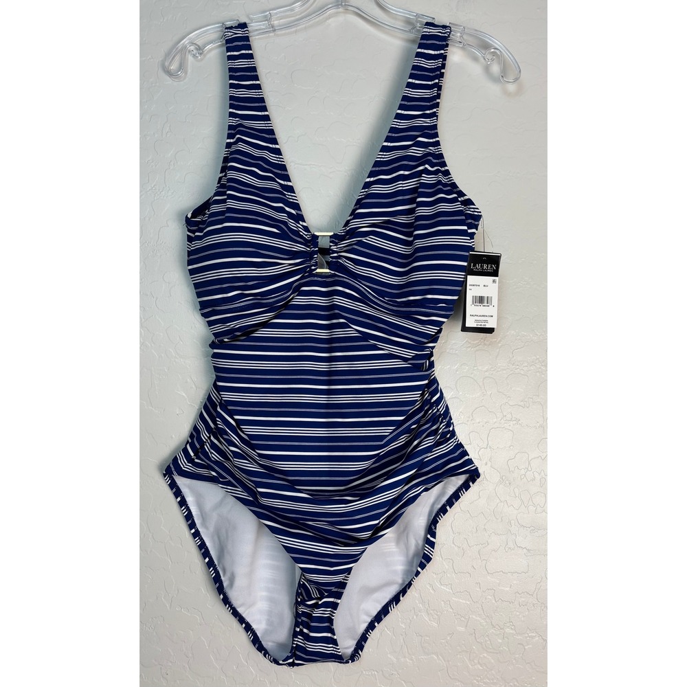 Lauren Ralph Lauren‎ Navy White Striped Ruched One Piece Swimsuit Size 14 2187